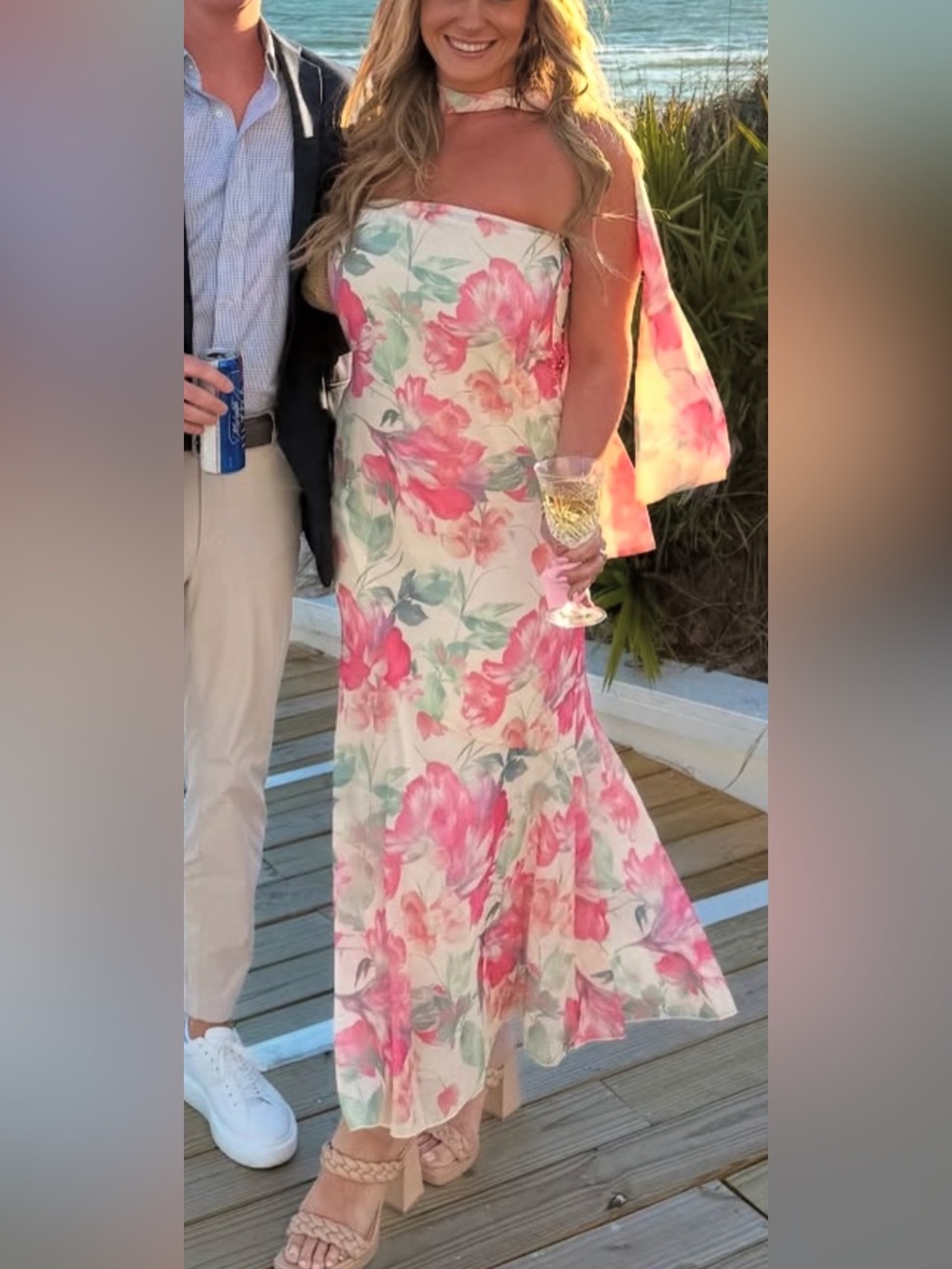 Floral Strapless Dress with detachable Neck Scarf - Pink Floral